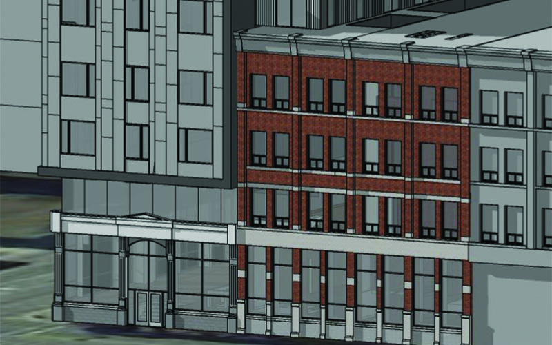 EXterior Rendering of a Heritage Building for Youth Opportunities Unlimitd. It is a multistorey building with grey and red stone exterior.
